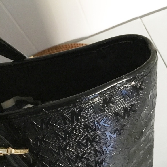 Michael Kors Black Shoulder Bag Purse Embossed Monogram Tote - Picture 4 of 8